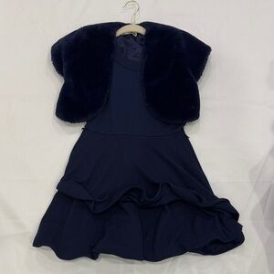 Knitworks Navy Blue Girls Formal Dress with Faux Fur Bolero